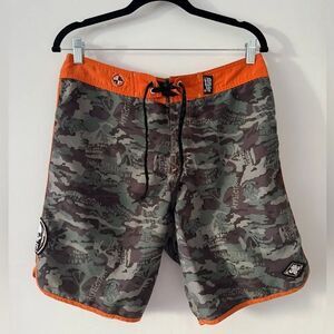 Affliction Men's Camouflage Swim Shorts with Orange Accents